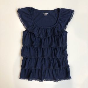 Cherokee Navy Ruffle & Lace Tee / Blouse